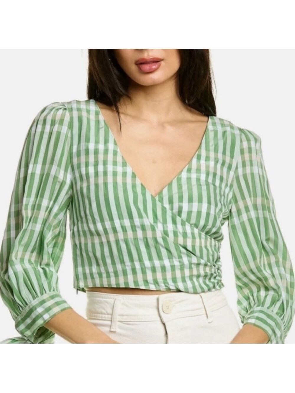 Cinq á Sept Flora Gingham Crop Top Blouse in Hemp and White Size M